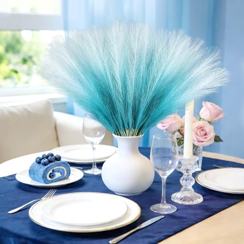TORONTOKYO Light Blue Pampas Grass Decor, 50Pcs 21.6 inch Artificial Short Faux Pompas Grass, Boho Neutral Home Decor Bouquet for Floor Vase, Wedding, Party, Farmhouse, Bedroom Decor (Sky Blue) - color: Sky Blue, size: 21.6inch-50Pcs