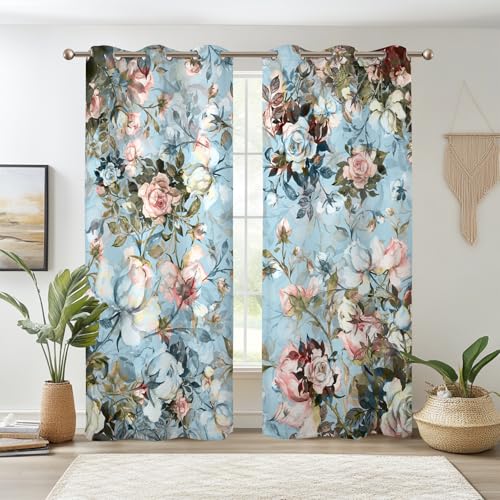 Renaiss Blue Rose Floral Blackout Curtains, Light Blue Watercolor Flowers Blossom Bedroom Window Curtains, Vintage Grommet Curtains for Kitchen 29W x 45L 2 Panels Set - color: Retro Blue, size: 29"W x 45"L (Pack of 2)