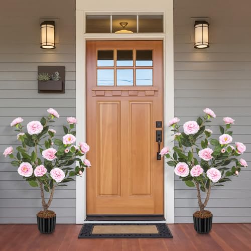 Artificial Camellia Tree for Indoor and Outdoor, Faux Flower Tree Plant in Pot Fake Topiaries for Home Front Porch Decor(1, Pink) - color: Pink