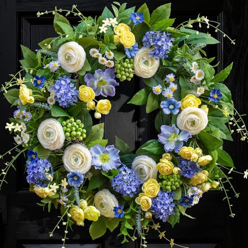 24 Inch Spring Wreath for Front Door, Artificial Hydrangea, Anemone & Wild Daisy Flowers with Berry Accents, Spring and Summer Door Wreath for Indoor Outdoor Decor