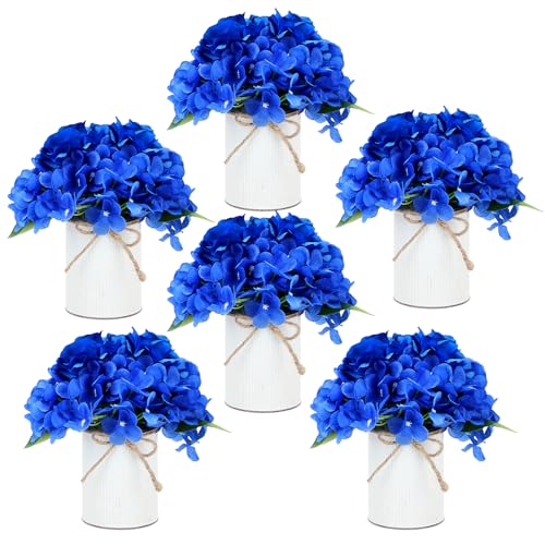 Flower Table Centerpieces - Set of 6 Floral Arrangement Artificial Wedding Hydrangeas Floral Arrangement with Rustic Metal Vase for Bridal Tea Party Event Decorations - Royal Blue - color: Royal Blue