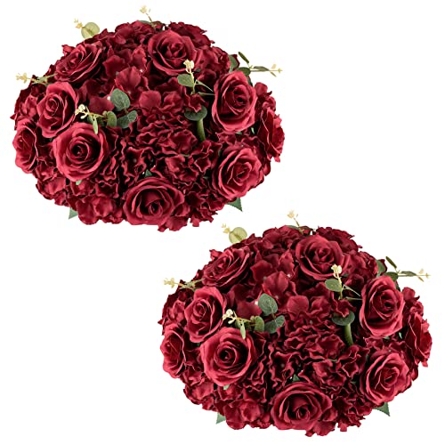 Nuptio Flower Balls for Wedding Centrepieces - 2 Pcs 15.7 inch Diameter Large Burgundy Artificial Flowers Roses Ball Fake Flower Arrangement Bouquet Faux Rose for Wedding Party Centrepiece Decorations - color: Burgundy, size: 15.7" Diam - 2 PCS