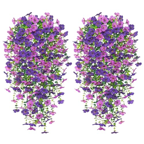 Betylifoy 4PCS Artificial Hanging Flowers Fake Hanging Plants for Outdoors UV Resistant Faux Silk Orchid Flowers Greenery Long Trailing Vines for Indoor Outside Garden Porch Decor (Light&Dark Purple) - color: Light&dark Purple