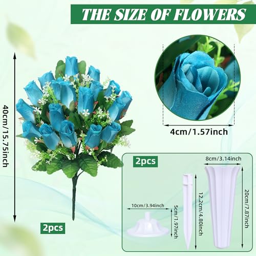 Cemetery Flowers for Grave,2Pack Memorial Roses Bouquets with Vase for Grave Tombstone Decorations(Deep Blue) - color: Deep Blue