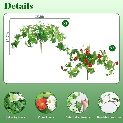 Krissing 3 Pcs Artificial Flowers for Outdoors UV Resistant, Fake Greenery Plants with Daisy Flowers for Planters Porch Window Box Home Decor (Red, White) - color: Red+white, size: 3