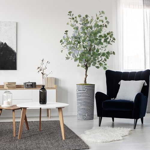 Artificial Tree in Modern Geometric Pattern Planter, Fake Eucalyptus Silk Tree for Indoor and Outdoor Home Decoration - 66" Overall Tall (Plant Pot Plus Tree) - style: Eucalyptus Tree