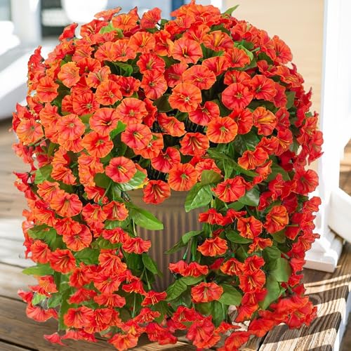 Artificial Flowers for Outdoor Decoration, 2 PCS Orange Fake Morning Glory, Silk Trailing Vines Look Real UV Resistant for Spring Porch Planter Patio Decor - color: Orange 2