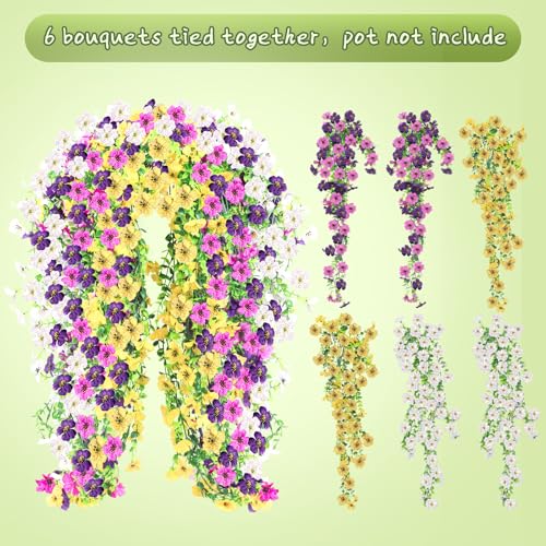 Artificial Hanging Flowers for Outdoors, 6PCS Faux Silk Artificial Flowers for Outdoors, UV Resistant Fake Flowers, No Fade Trailing Greenery, Decor for Home Porch Patio Balcony Garden Yard - color: Double Purple + White + Yellow