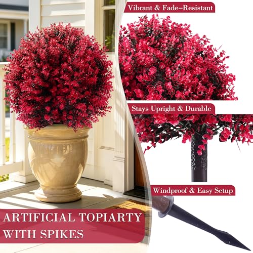 27.6 Inch Red Eucalyptus Topiary Ball Trees, 2 Sets Faux Boxwood Topiary with Spikes, Pot Filler Fake Shrubs Plants for Outdoor Planters, Round Topiary Bush Balls Front Porch Home Garden Spring Decor - color: Red Boxwood