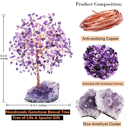 Natural Gemstone(406 Stone Count) Amethyst Crystal Tree of Life,Chakra Balancing Positive Enegy Fengshui Decor Bonsai Money Tree,Good Luck Spiritual Gift Height 8.5-9 Inches - color: Amethyst With Amethyst Cluster Base