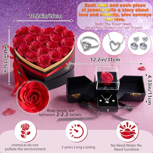 Artificial Forever Preserved Flowers Box & Preserved Roses with Necklace Ring Earrings,Gifts for Mom Grandma Women Girlfriend Wife on Birthday Mothers Day Valentines Christmas Anniversary Wedding