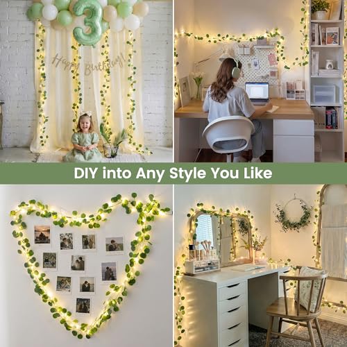 HEYFUNi 23FT Eucalyptus Garland with Fairy Lights, USB & Battery | 73 Leds, Timer & Memory & 8 Modes, Greenery Eucalyptus Leaf Vine Lights For Bedroom, Wall, Wedding, Party, Summer Dorm Decor - color: Eucalyptus, size: 73 LED-USB & Battery