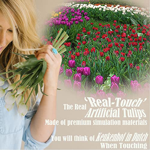 20pcs Artificial Tulip Flowers,16 Inch Real Touch Tulip Stems with Faux Leaves, Faux Tulips and Buds for Home Décor Centerpiece Ornament Wedding Bouquet,White - color: White
