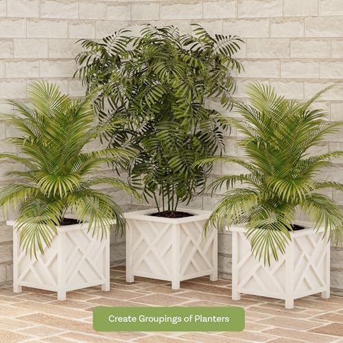 Lattice Design Outdoor Planter Box - 14.75” Square 13” Tall White Plant Pot - Decorative Plant Pots for Front Porch Decor - Flower Pots Outdoor Planters for Porch Patio or Garden Decor by Pure Garden