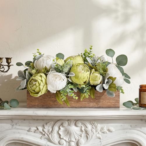 Summer Flower Centerpieces for Table Dining Room Pre-Made Artificial Peony Table Decorations Wood Tray with Fake Flowers for Wedding Living Room Party Bar Kitchen Table(Green White) - color: Green & White