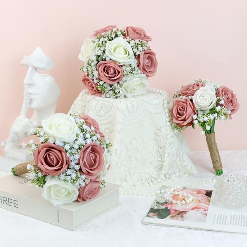 Wedding Artificial Bridesmaids Bouquets Set of 6-Faux Babys Breath Dusty Pink Fake Gypsophila Bouquet for Bridesmaid, Real Touch Small Bouquet for Bridesmaids Wedding Bridal Shower Centerpieces-7 Inch - color: Dusty Pink, size: Set of 6 Bridesmaid Bouquet