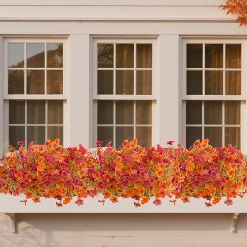 12Pcs Artificial Fall Flowers Mums for Outdoors, Fake Faux Plants Silk Colorful Flowers Eucalyptus Realistic UV Resistant for Outside Home Planter Porch Patio Yard Decor (12, Fall Orange 2 Colors) - color: Fall Orange 2 Colors