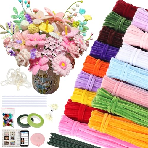 800Pcs Pipe Cleaners Craft, 16 Colors Pastel Pipe Cleaner Flower, Thick Chenille Pipe Cleaners Bulk with Floral Wires, Tape, Stamen, Ribbon & Video Tutorial, DIY Handmade Bouquet, Creative Gift - color: 800 Pcs 16 Colors-Flowers