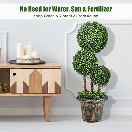 Goplus 2.5 Ft Artificial Boxwood Topiary Tree, 2 Pack Fake Greenery Plants Triple Ball Tree, Leaves & Cement-Filled Plastic Flower Pot Decorative Trees for Home, Office, Indoor and Outdoor Use - size: 2.5 Ft