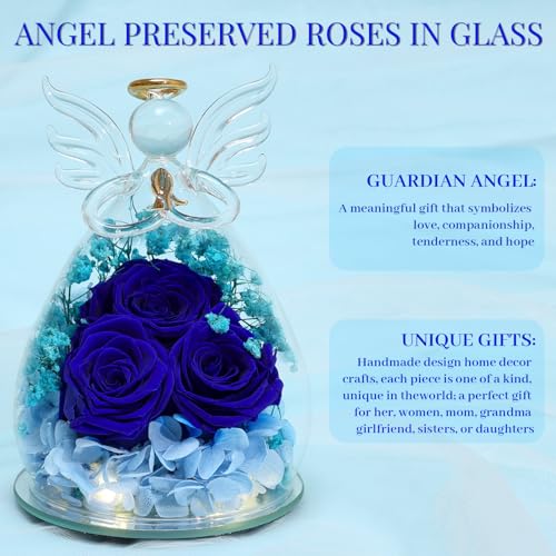 Beferr Gifts for Mom Birthday Gifts for Women, Fresh Flowers for Delivery Forever Preserved Rose in Glass Angel Figurine, Anniversary Christian Real Rose for Grandma Wife Mother from Daughter Son - color: E Dark Blue