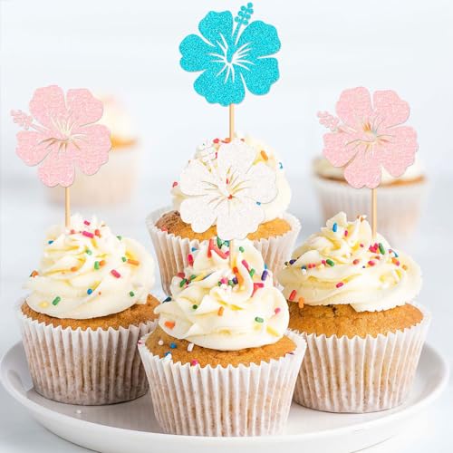 24Pcs Hawaii Flower Cupcake Toppers Pink White Blue Hibiscus Flowers Cupcake Picks for Hawaii Flowers Baby Shower Girls Birthday Bridal Shower Wedding Summer Holiday Party Decorations - color: Hibiscus