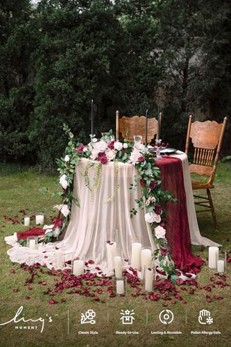 Ling's moment 9FT Spring Flower Garland - Wedding Arch Flowers, Eucalyptus & Rose, Artificial Floral Garland for Mantle - Sweetheart Table Decor for Reception, Backdrop Decorations, Marsala - color: Red-marsala