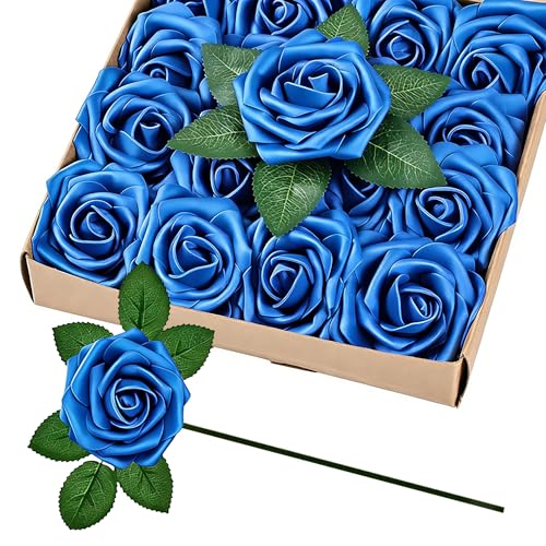 30pcs Real Looking Royal Blue Foam Artificial Roses with Stems, Fake Rose Flowers for DIY Wedding Bouquets Bridal Shower Centerpieces Home Party Valentine's Day Mother's Day Decor Gift - color: 30pcs Royal Blue