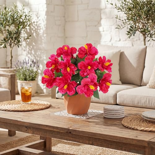 Briful Artificial Hibiscus Flowers in Pot, 14.1" Faux Tropical Flower Plant for Outdoor Porch, Potted Hot Pink Hibiscus Tabletop Decor for Living Room, Dining Table, Office, Indoor Home Décor - color: 14'' Hot Pink