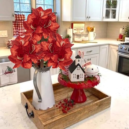 Briful Amaryllis Artificial Christmas Flower Stems, 19.7" Red Glitter Faux Amaryllis with Detachable Heads for Xmas Home Party Wedding Bouquet Vase Arrangement Decor - color: Red