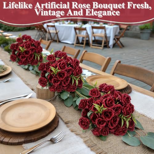 Zeyune 8 Pack Artificial Mini Burgundy Roses, 12 Inch Fake Flowers with Stems, 80 Small 1.6 Inch Flower Heads, Silk Mini Rose Bouquets for Wedding Centerpieces, Bridal Bouquets, Home Party Decor - color: Burgundy