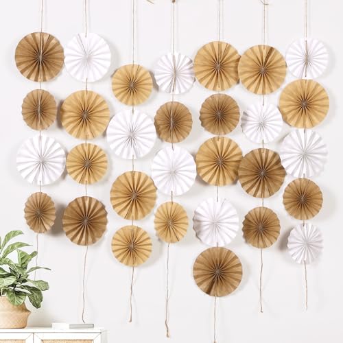 Easy Joy Boho Hanging Paper Fans Neutral Rustic Paper Fans Garland White Brown Party Decorations for Boho Party Baby Shower Birthday Wedding Bridal Classroom Decor - color: Boho