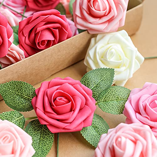 AmyHomie Artificial Flower Seriesa Red Rose 25pcs Real Looking Fake Roses w/Stem for DIY Wedding Bouquets Centerpieces Arrangements Party Baby Shower Valentines Day Christmas Tree Decorations - color: Seriesa Red
