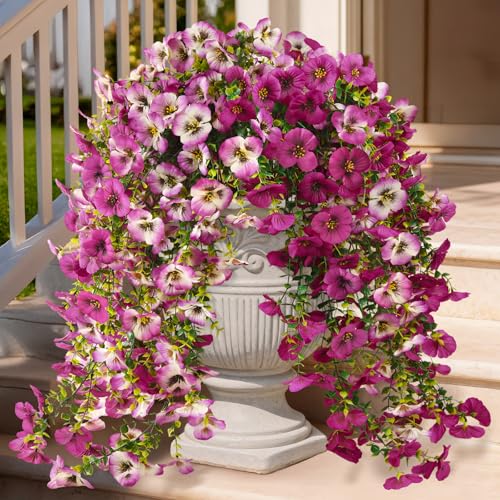 Fake Artificial Flowers for Outdoors, 4 Pcs Faux Hanging Pansy Flowers Spring Summer Decor, UV Resistant Fake Plants Silk Flower for Planter Front Door Porch Patio Yard Garden(Gradient Double Pink) - color: Gradient Double Pink