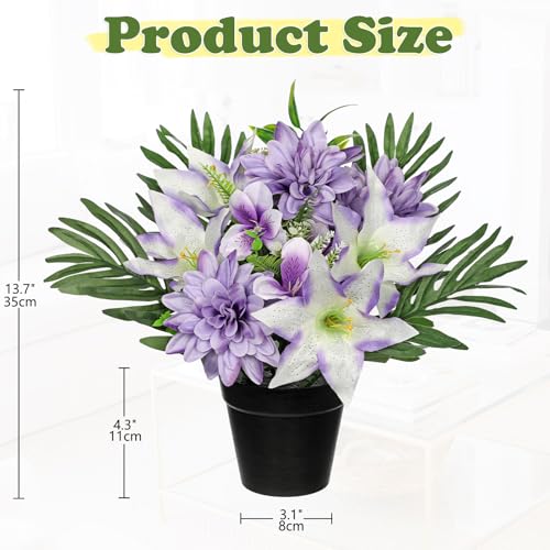 Hollyone Artificial Cemetery Flower for Graves, White Purple Faux Lily Dahlia Flowers in Pot Silk Cemetery Memorial Flowers for Outdoors Gravesites Headstones Home Decoration - color: Purple-dahlia Lily
