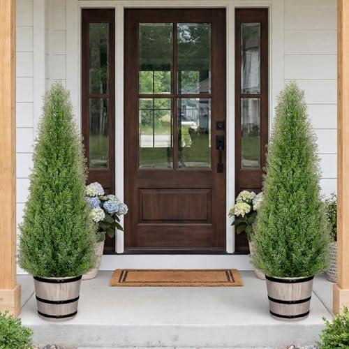 Artificial Cedar Trees 3FT Faux Cedar Topiary Evergreen Plants Outdoor Indoor Fake Cypress Pine Trees with Barrel Planter for Front Porch Entryway Patio Garden Home Decor Set of 2 - size: 3ft