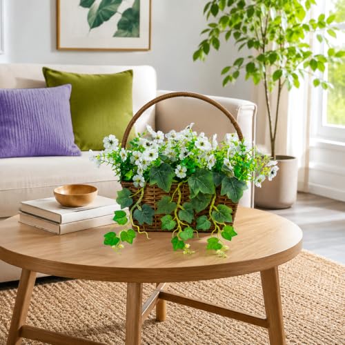 14" H Artificial Plumeria Grape Leaf Flower Basket,50 Silk Floral Arrangements Artificial for Living Room,Office,Wedding & Porch Decor（White）