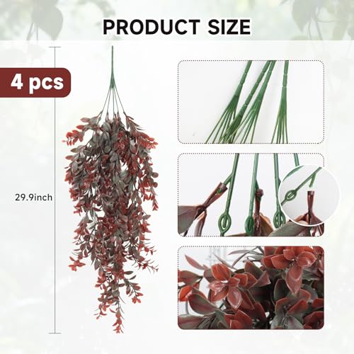 RECUTMS Artificial Hanging Leaves Plants 4Pcs Indoor Fake Vines Ivy Leaves Plastic Greenery Resistant Plastic for Wall Wedding Party Porch Garden Decoration(Reddish Brown) - color: Style2-reddish Brown