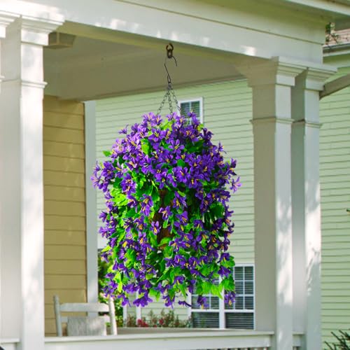 INQCMY Artificial Hanging Flowers in Basket for Spring Patio Garden Decoration, Faux Silk Violet in Planter UV Resistant Realistic for Outside Home Porch Balcony Yard Decor(Purple) - color: Purple