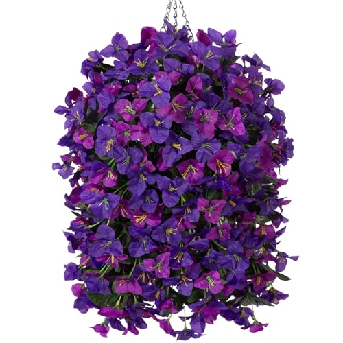 Artificial Bougainvillea Faux Flowers Plants Baskets for Outdoor Outside Decoration, 3PCS Fake Silk Flowers Long Trailing Vines UV Resistant Realistic for Front Door Porch Patio (Dark Purple Fuchisa) - color: Dark Purple Fuchisa