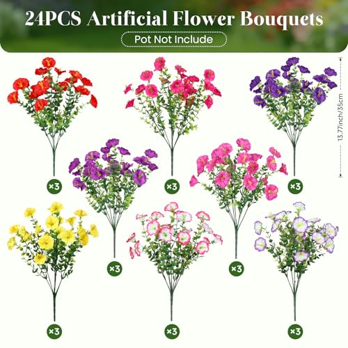 Alupssuc 24 Bundles Artificial Flowers for Outdoors, Faux Spring Flowers for Decoration, UV Resistant Silk Morning Glory with Eucalyptus Realistic Fake Flowers for Yard Planter Porch Garden, 8 Colors - color: Deeppurple, Magenta, Purple, Red, Fuchsia, Yel