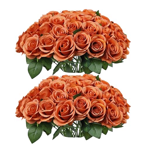 52pcs Terracotta Roses Artificial Flowers Fake Flowers Silk Roses with Stems for DIY Wedding Bouquets Bridal Shower Centerpieces Arrangements Party Home Decorations - color: Terracotta