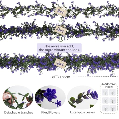 RECUTMS Fake Hanging Eucalyptus Garlands Artificial Vines Plants Eucalyptus Leaves with Flowers Greenery Spring Floral Garland for Home Wedding Wall Arch Party Decoration(Purple) - color: Purple