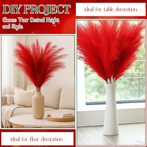 Suncalla 72 Pcs Red Pampas Grass 21.7 Inches Faux Tall Pampas Grass Decor Bulk Artificial Dried Flower Red Feather for Vase Filler Home Boho Decor Christmas Wedding Party Arrangement Bathroom Wall - color: Red