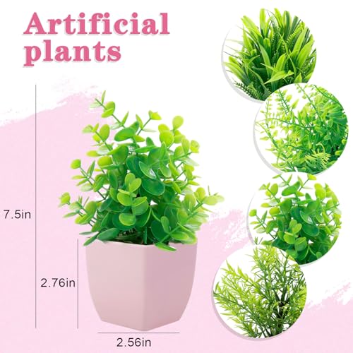 GREENTIME 4 Pack Fake Plants in Pink Pot Mini Artificial Eucalyptus Potted Plant Small Faux Grass Greenery Potted for Indoor Home Office Farmhouse Bathroom Table Decoration - color: Pink-4