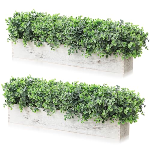 Lyrow 2 Pack Artificial Eucalyptus Plant in Rustic Rectangular Wooden Planter Box Greenery Faux Potted Herb Plant for Indoor Wedding Table Centerpiece(Emerald,24 x 3.7 x 3.7 Inches,Classic Style) - color: White, size: 24 Inch, style: White Powdered Round