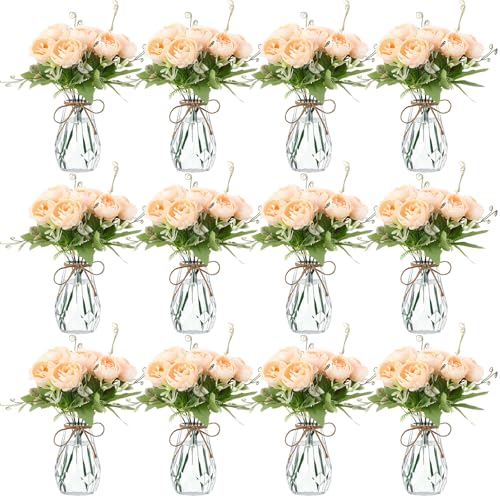 Zeyune 37 Pack Artificial Peonies Flowers with Bud Vase Bulk 24 Bundles Silk Peonies Bouquets 12 Plastic Clear Vase with 1 Rope Fake Flowers for Table Centerpiece Vases(Champagne,Perfume) - color: Champagne, style: Perfume