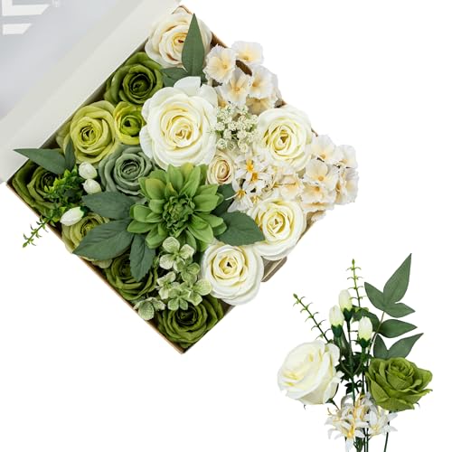FANKO Artificial Flowers for DIY, Green White Faux Flowers Bouquet, Fake Rose Dahlia Daisy Hydrangea Silk Flowers for Vase, Home Decor, Garlands, Garden Wedding, Party, Housewarming - color: Cream Green
