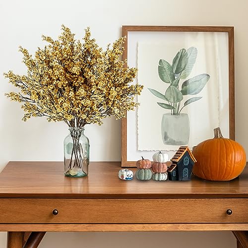 Sggvecsy 15 Pcs Babys Breath Artificial Flowers Gypsophila Bouquets Bulk Real Touch Fake Silk Flowers for Home Wedding DIY Floral Arrangement Kitchen Table Centerpiece Christmas Decoration (Gold) - color: Gold, size: 15Pcs