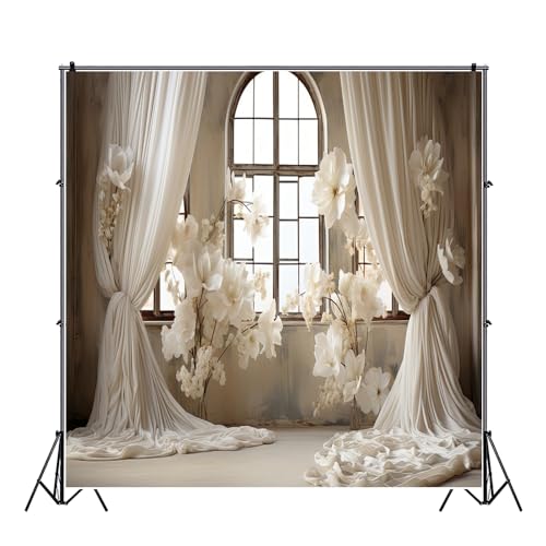 10x10ft Wedding Party Decorations Banner Backdrop Wedding Reception Photography Backdrop White Floral Flowers Curtains French Frame Photo Backgrounds Baby Shower Photo Shoot Portraits Props - size: 10x10ft