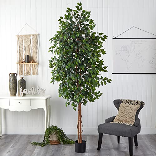 Nearly Natural 8ft Triple Trunk Artificial Ficus Tree with Natural Wood Trunks, Fake Tree for Indoor Home Décor, Faux Ficus Tree with Black Nursery Pot - size: 8ft, style: Tree in Pot